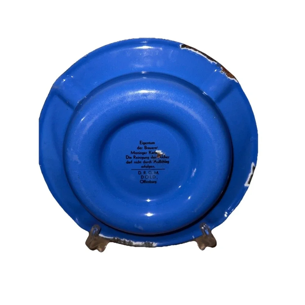 Vintage Moninger Bier Karlsruhe Blue Enamel Advertising Ashtray German Brewery